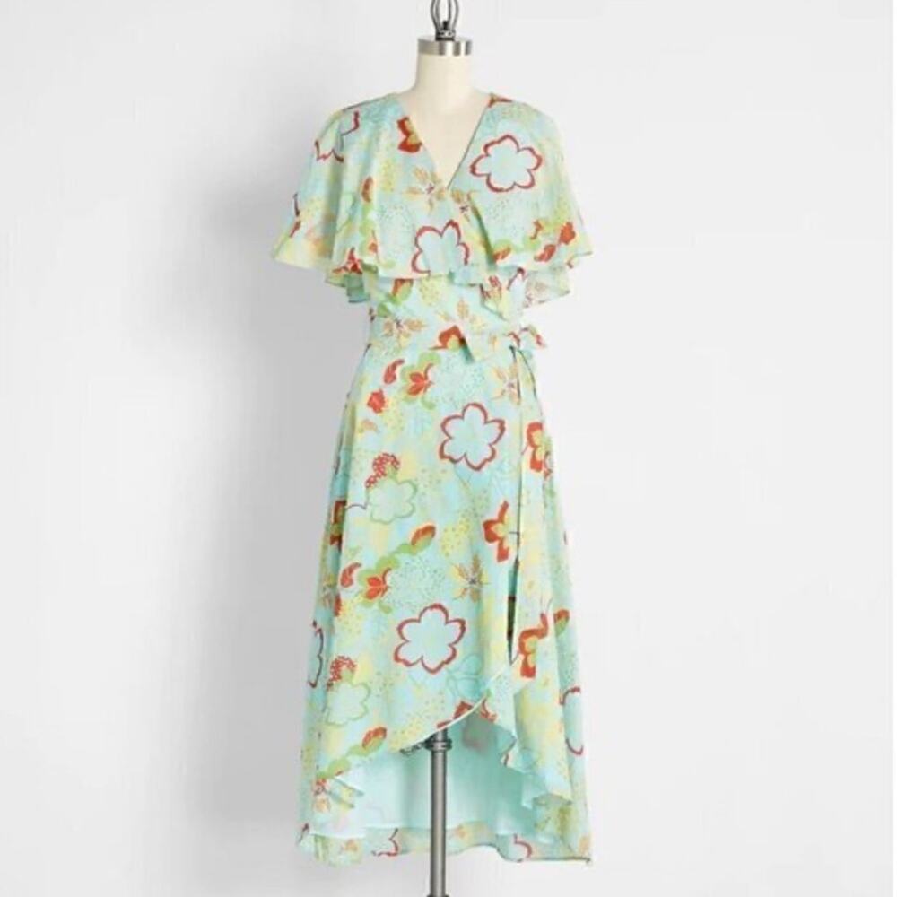 ModCloth 100% Cotton Lift Your Wings Wrap Midi Dress Large Blue Green Floral
